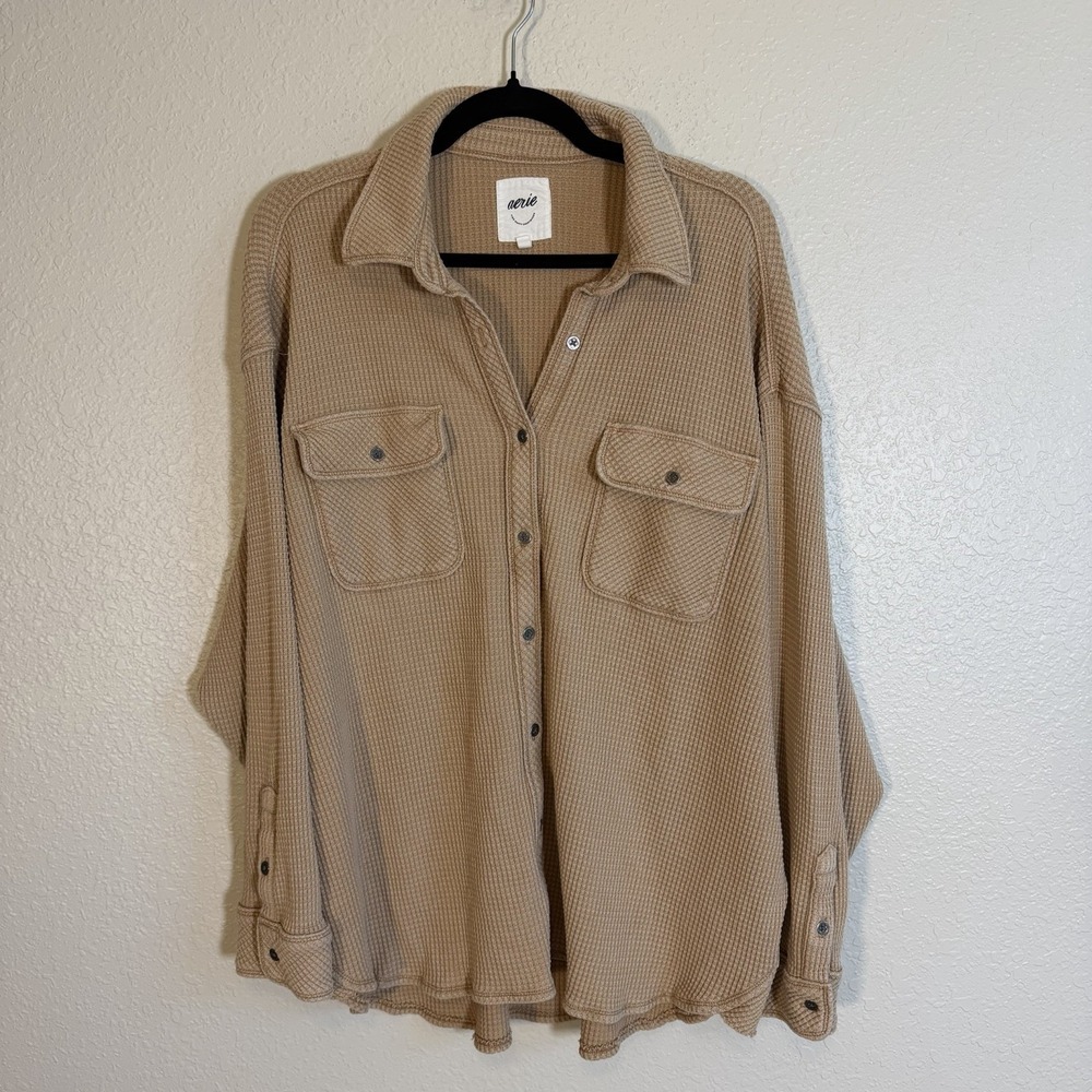Aerie LumberJane Waffle Shirt Shacket‎ Oversized Large Button Up Minimalist Boho - Picture 2 of 10